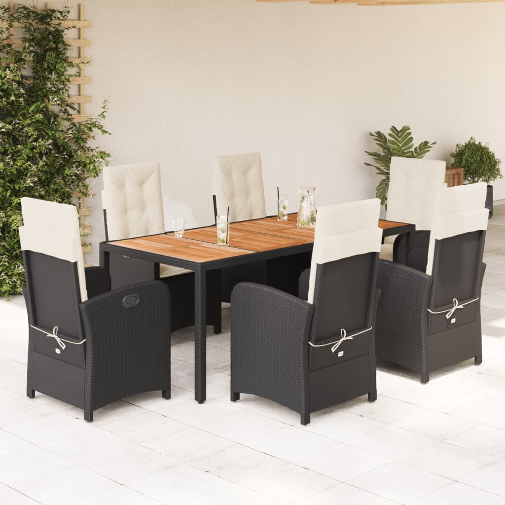 7-tlg. Garten-Essgruppe mit Kissen Schwarz Poly Rattan
